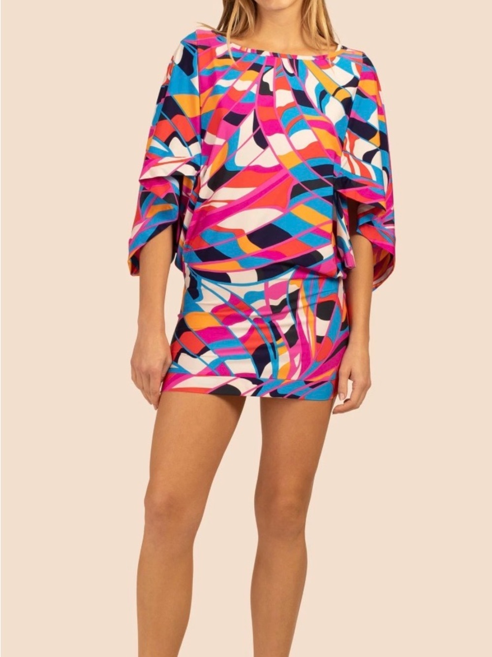 Trina Turk Rio Swimsuit Tunic Coverup Jersey Stretch Resortwear 3/4 Wide Sleeve